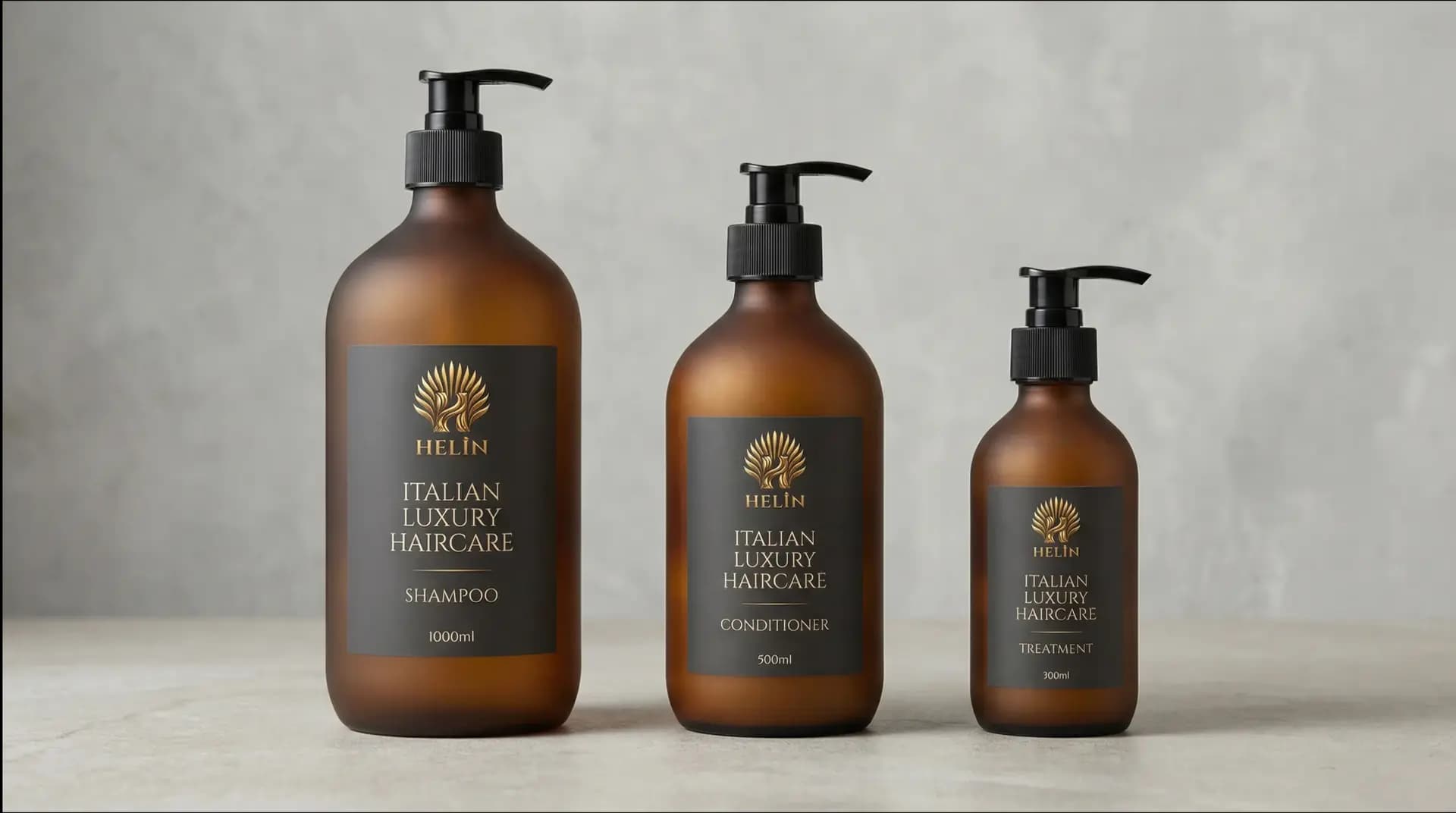 HÊLÎN product bottles — amber pharmacy-style with gold typography