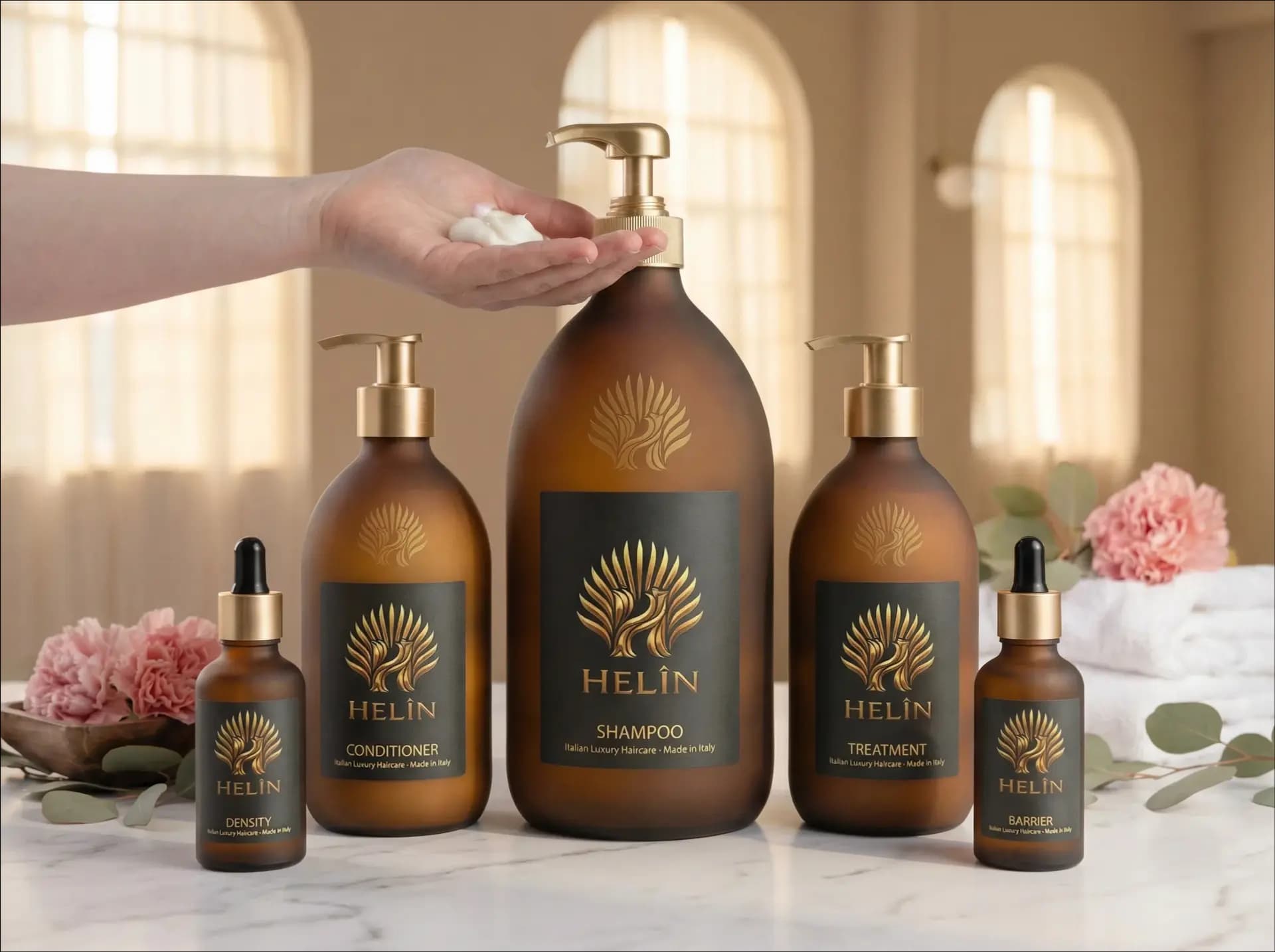 HÊLÎN women's luxury haircare collection — amber bottles with arched windows